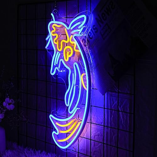 Miniatura 2 de Koi Fish - Letrero de neón con luces LED de pez japonés, azul neón, amarillo, para decoración de pared, de 17 x 9.5 pulgadas, con USBinterruptor,