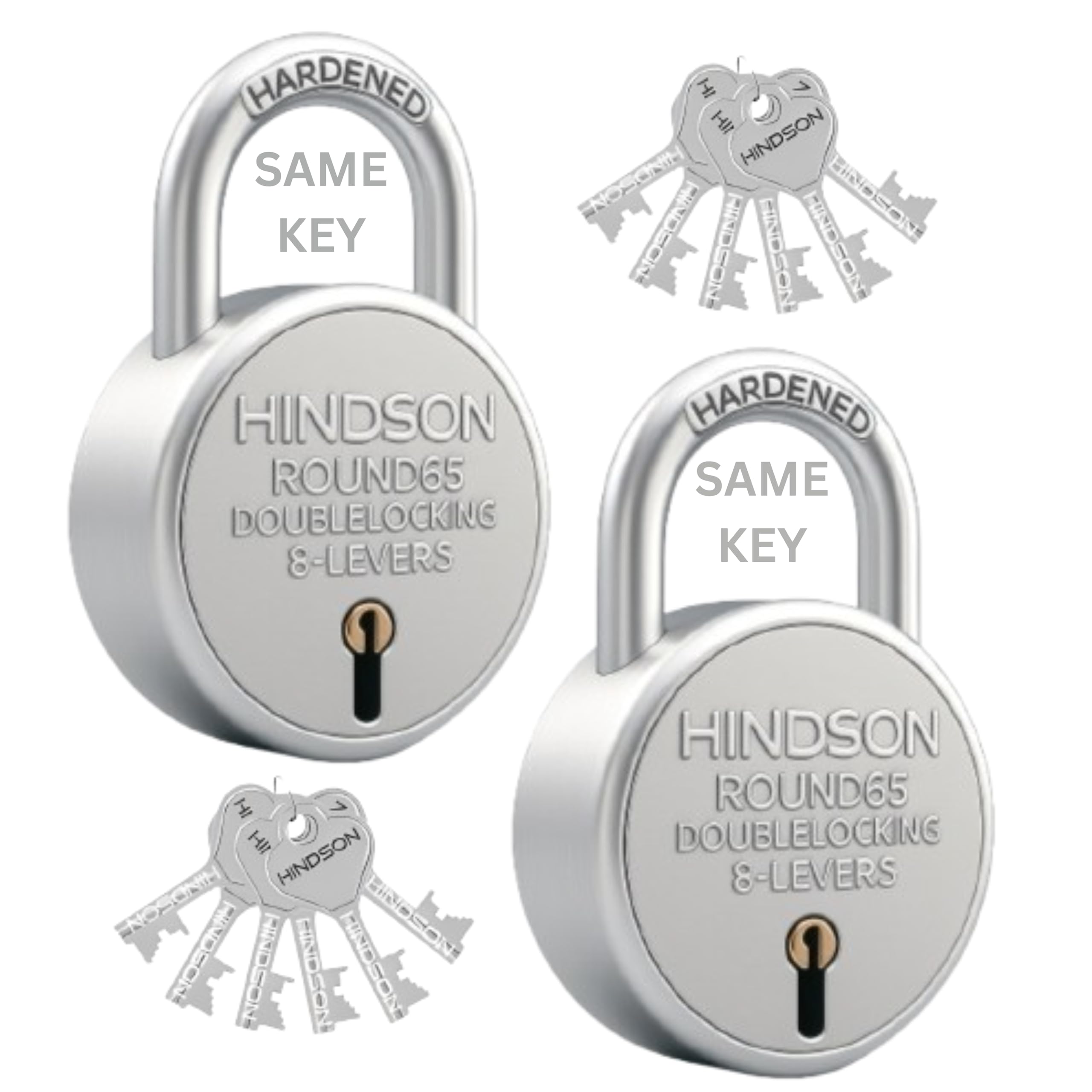 Hindson Same Key Round 65mm Padlock | 2 Heavy Duty Padlocks with 12 Common Keys | Strong Metal Body Locks with Double Locking & 8-Lever Mechanism for Home, Gate, Shutter & Shop Security