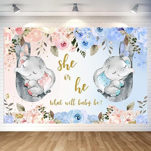 Telón de fondo de elefante de 7 x 5 pies para baby shower, cartel de fotografía con texto en inglés "She or He Sign", elefante rosa y azul, baby
