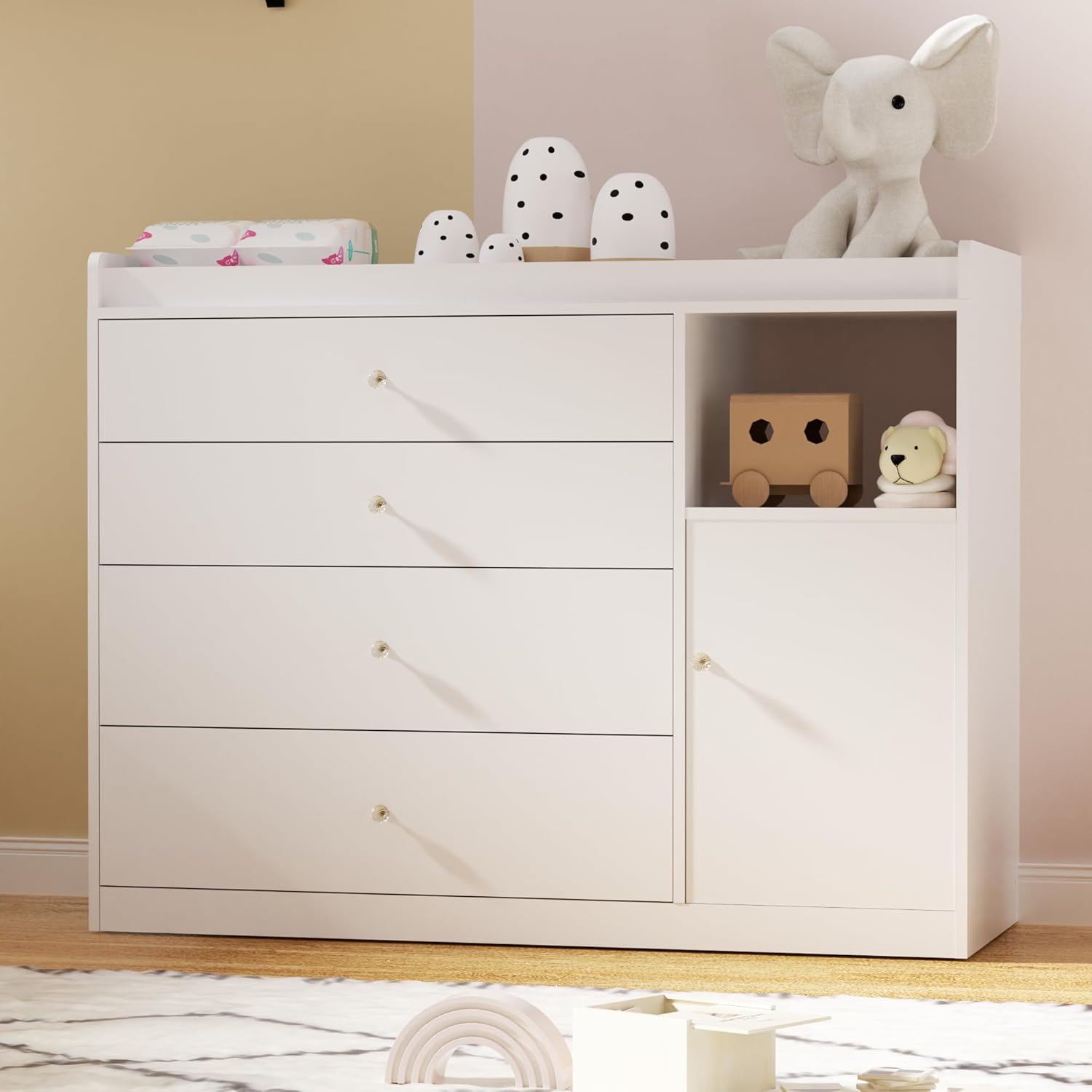 Baby Dresser Changing Table with 4 Drawers 47.2" Diaper Changing Tables for Nursery with 1 Open Shelf and LED Light Changing Station Nursery Organizer for Bedroom Beige