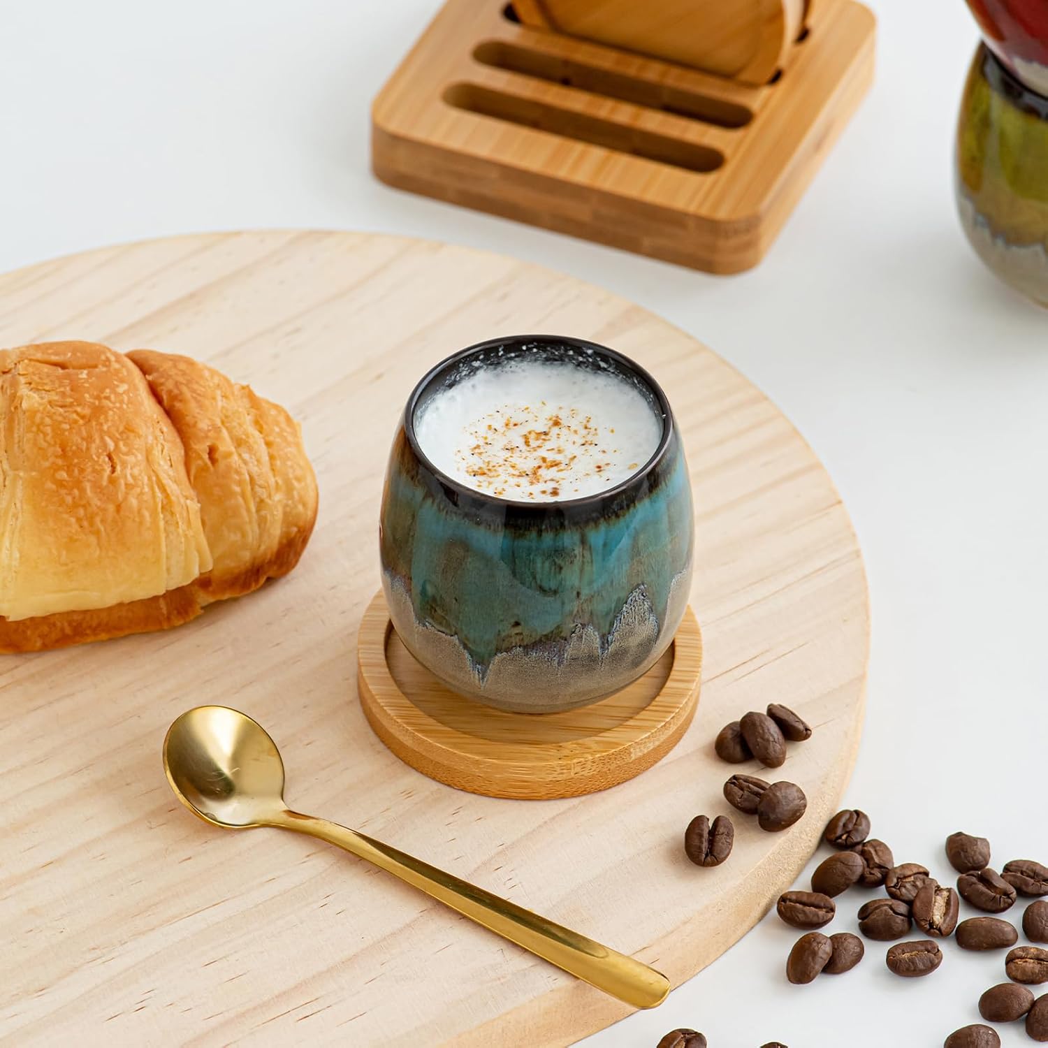 Hand-painted Ceramic Espresso Cup with Bamboo Tray holder and Spoons Set of 4, 2.7 Oz 80ml Kung Fu Tea Set,Demitasse cup,Tazas de Cafe, Yerba Mate Cup,Korean soju(4 Colors Mix)