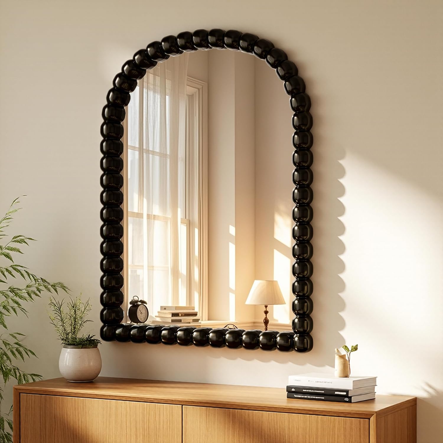 22"×30" Black Arched Bathroom Vanity Mirror, Vintage Beaded Decorative Wall Mounted Makeup Mirror, as Wall Decor Hanging Leaning for Fireplace Mantle, Living Room, Bedroom, Vanity Area