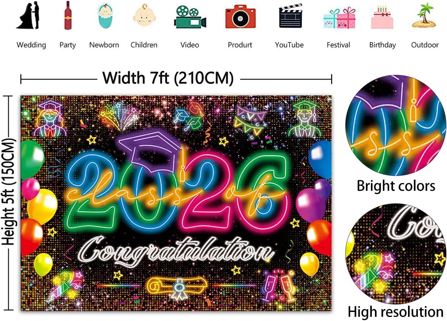 2026 Neon Graduation Backdrop 7x5FT Congrats Grad Party Background Colorful Neon Class of 2026 Graduation Party Decorations Banner Photo Studio Props