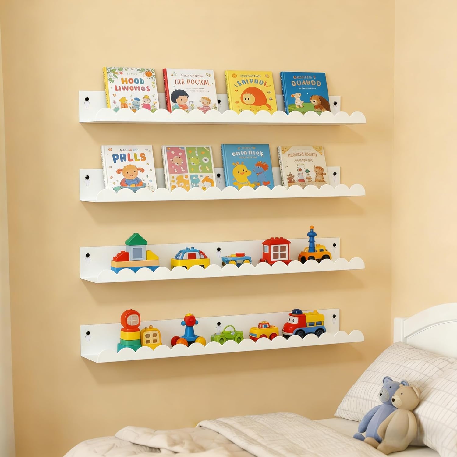 24 Inch Nursery Book Shelves Set of 4, White Metal Floating Shelves for Wall, Scalloped Cloud Book Shelf for Kids Room, Bathroom, Bedroom, Playroom Wall Decor & Storage