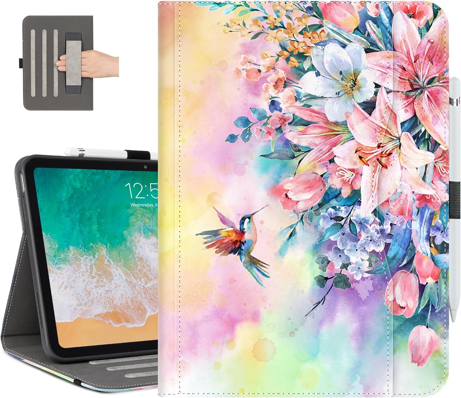 Vimorco Case for iPad (A16) 11th Generation 2025, for iPad 11th/10th Generation Case, Pencil Holder/Hand Strap/Pocket, Multiple Stand Protector Shell Cover, Auto Wake/Sleep, Hummingbird Flower