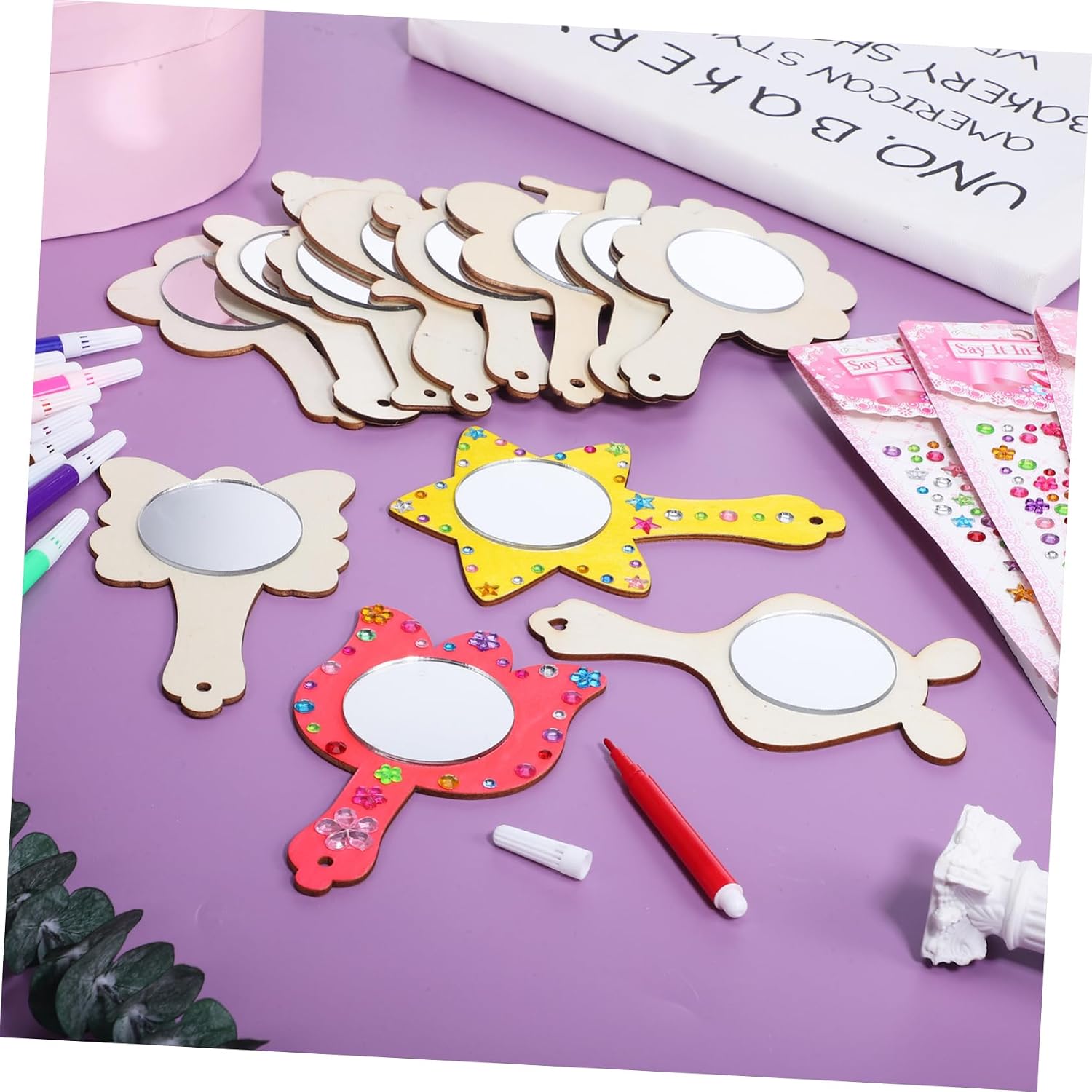 TEHAUX Wooden Mirror Crafts Boys and Girls Room Decor Small Mirrors for Crafts Stickers Watercolor Pens