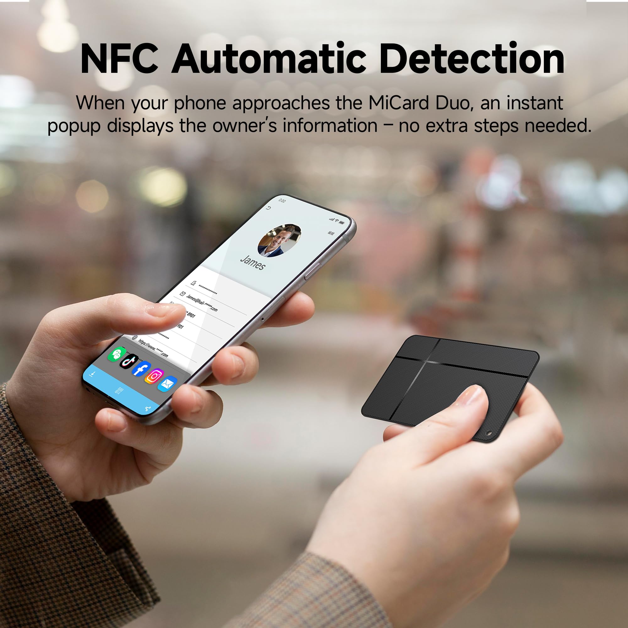 MiLi MiCard Localizador para iOS & Android, Etiqueta de rastreo Inteligente Recargable inalámbricamente con Tarjeta de presentación Digital NFC, para Cartera, Pasaporte, Maleta