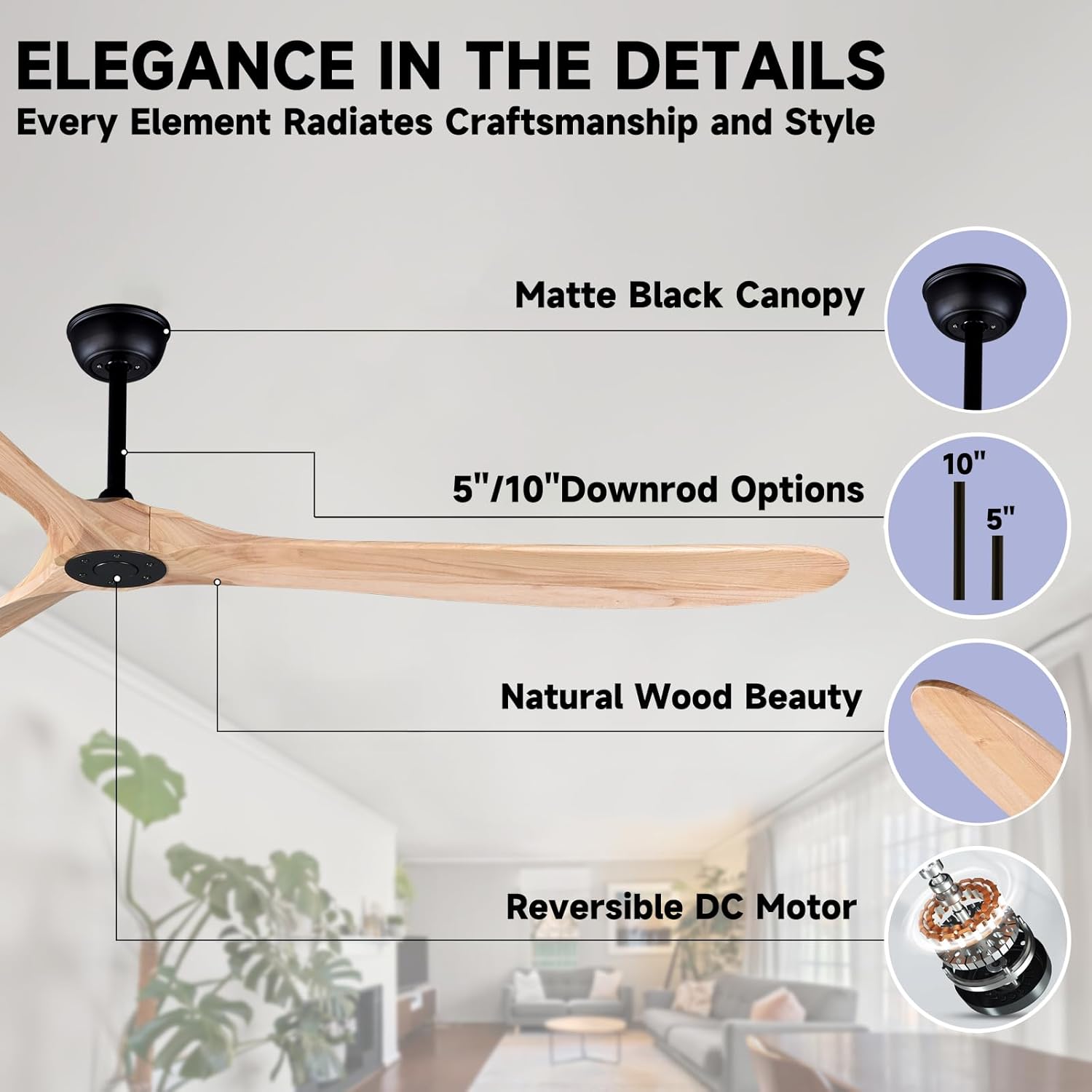 Large Ceiling Fan No Light, 88 Inch Modern Solid Wood Ceiling Fan with Remote, Quiet DC Motor, Flush Mount Low Profile Indoor or Covered Patio Ceiling Fan for Bedroom Living Room, Natrual Wood
