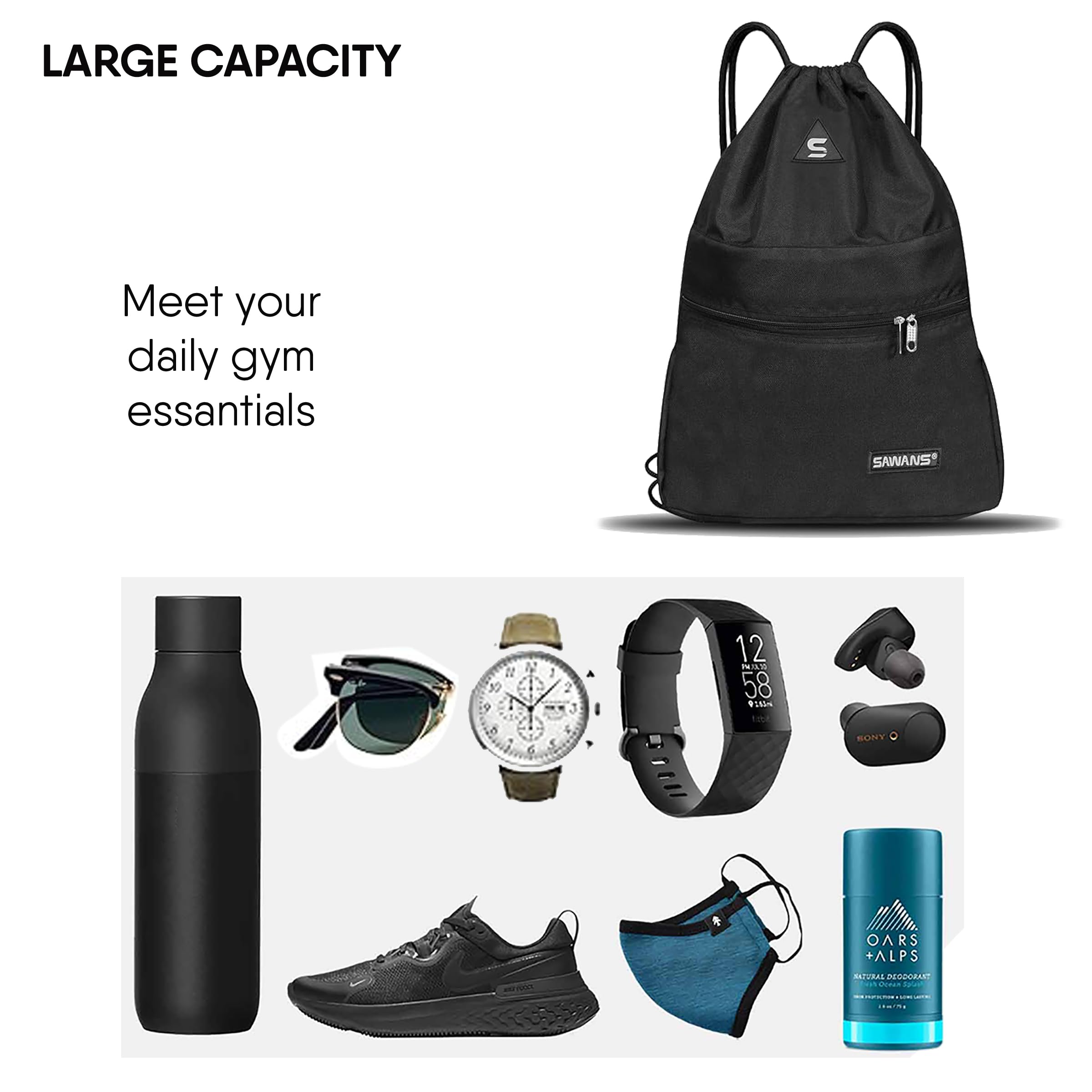 SAWANS Borsa sportiva da palestra con coulisse Stringa impermeabile Tasca con cerniera Zaino per donne Uomini Kit da viaggio Borsa per escursionismo Studenti scolastici Borsa in PE esterna Nuoto