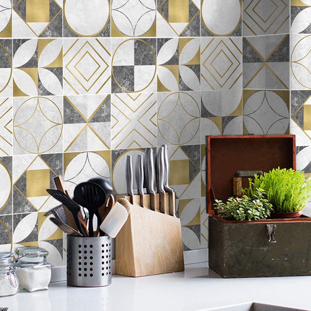 Alwayspon 30Pcs Peel&Stick Wall Tile Transfers Sticker for Home Decor, 20x20cm Self-Adhesive Splashback Tile Decals for Living Room Kitchen Bathroom Decor, Golden Grey White Marble
