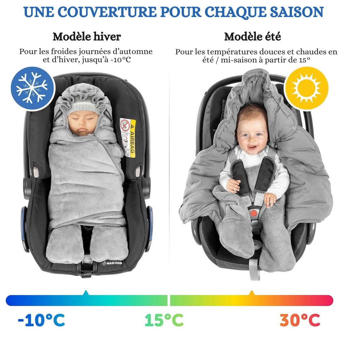 Zamboo Couverture Enveloppante Bébé avec Pieds, Nid d'ange Bebe Hiver Polaire pour Sièges-Auto (Convient Bébé Confort, Cybex, Römer), avec Sac - Gris
