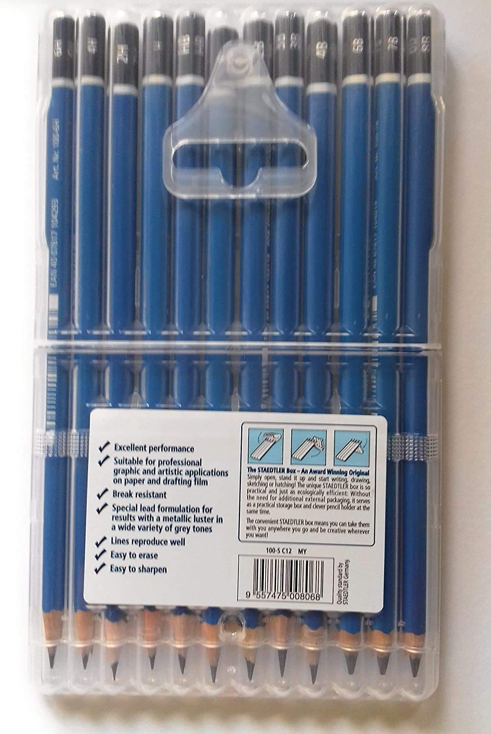 STAEDTLER Holzbleistift Mars Lumograph - Packung mit 12 Grad in einer praktischen Aufbewahrungsbox aus Kunststoff Wannenspitzer und Rasoplast Radiergummi