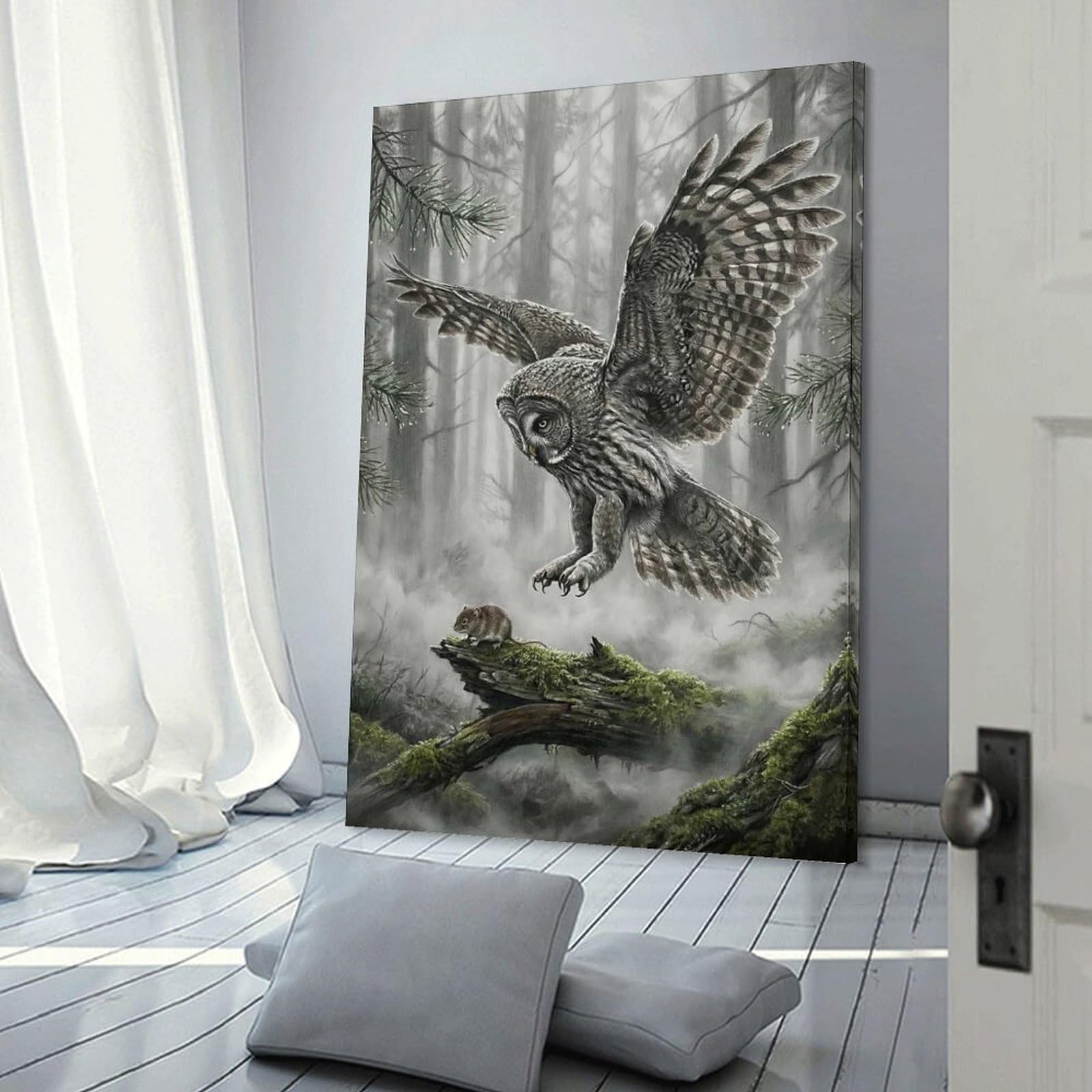 Junmoney Owl Hunting Mouse in Misty Forest Canvas Wall Picture 12x18inch(30x45cm), for Entryway, Lounge Links Or Small Walls, Decorative Canvas Styling for Entry Areas