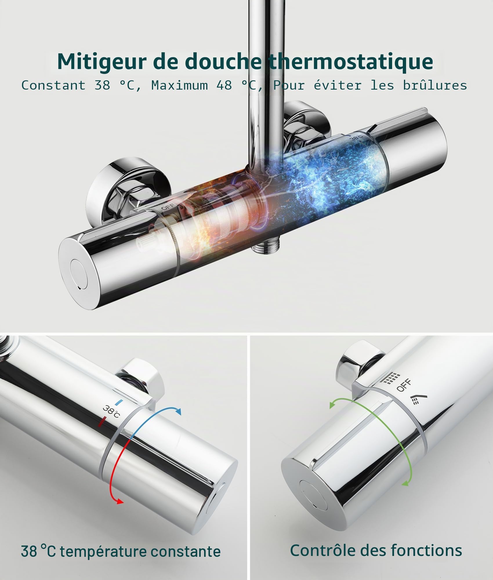 Colonne de Douche Thermostatique Avec Pomme de Douche à Effet Pluie Pivotante à 360° Et Mitigeur,Douchette à Main à Trois Positions,Colonne de Douche RéGlable (Chrome)