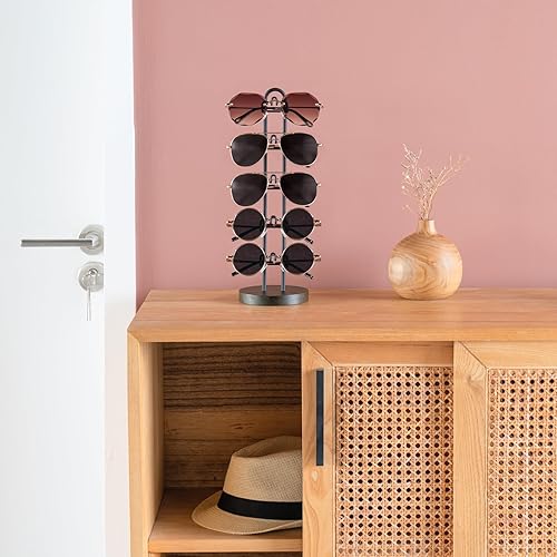 Miniatura 2 de Mkono Sunglasses Organizer Glasses Holder Stand Sunglass Storage Eyeglasses Rack Metal Frame with Wood Base for 5 Pairs of Eyewear Display for Table