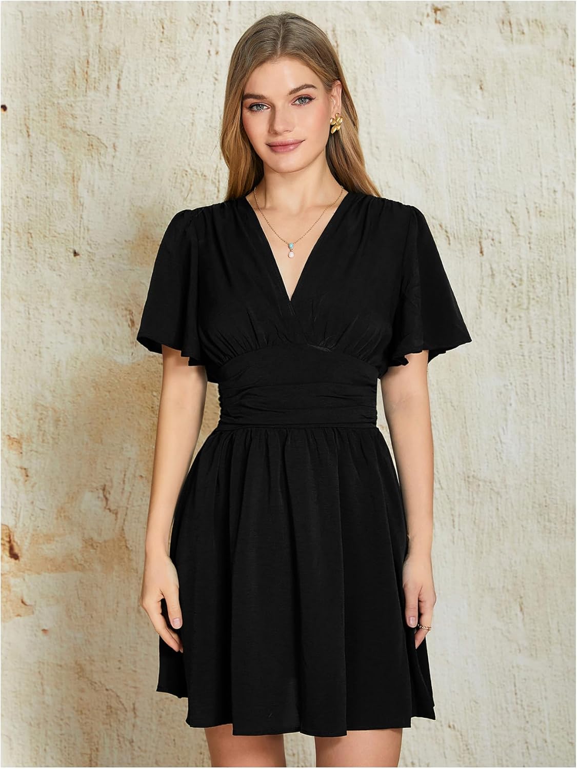 Milumia Women's Summer Casual Wrap V Neck Short Sleeve Dress Ruched A Line Flare Flowy Swing Short Dresses - Image 5