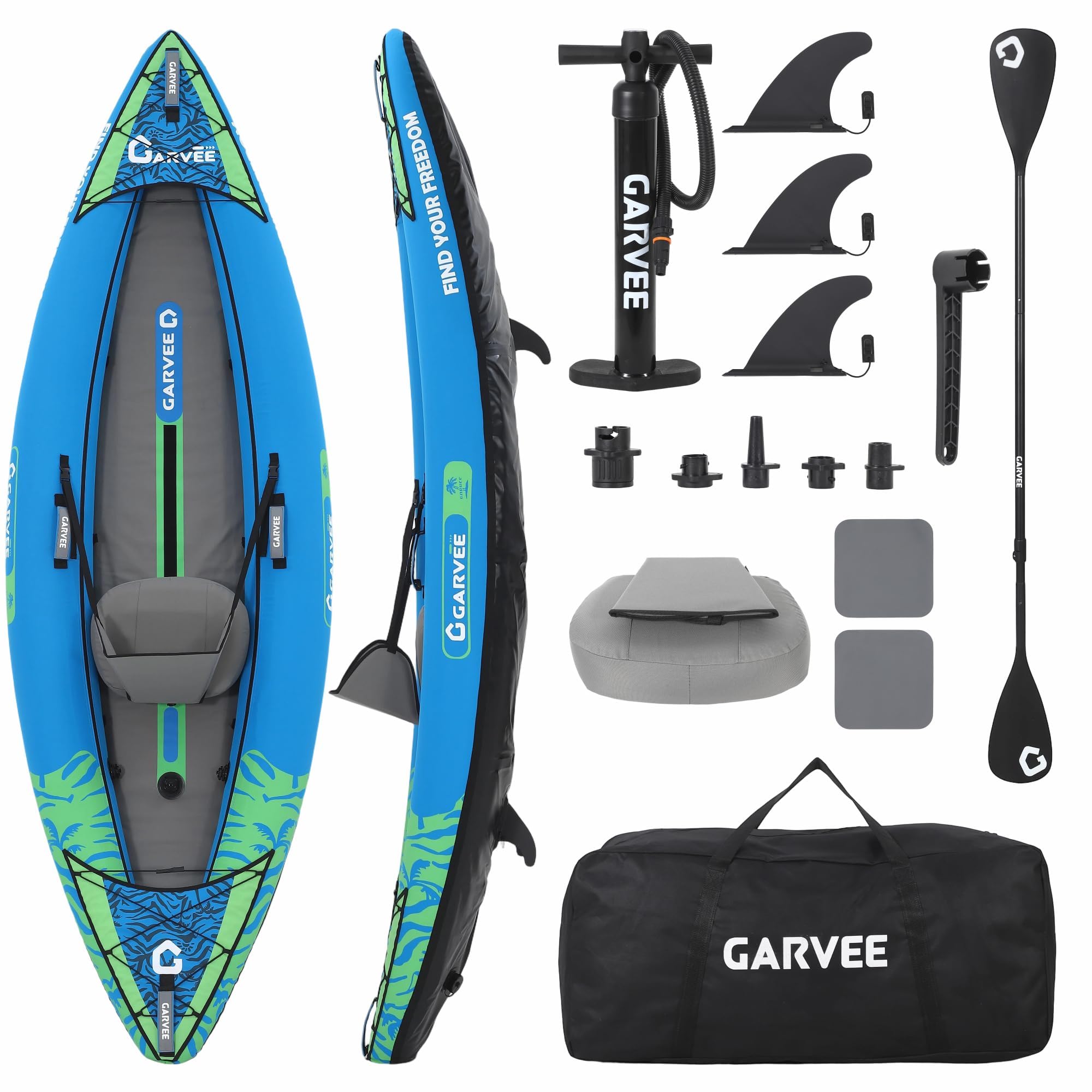 2-Personen Aufblasbares Kajak, Angelkajak Für Erwachsene, Tragbares Touring-Kajak Mit Gepolsterten Sitzen, 3 Finnen, Handpumpe, Tragetasche Und Reparaturset, 12,5 ft, Tragfähigkeit 450 Lbs
