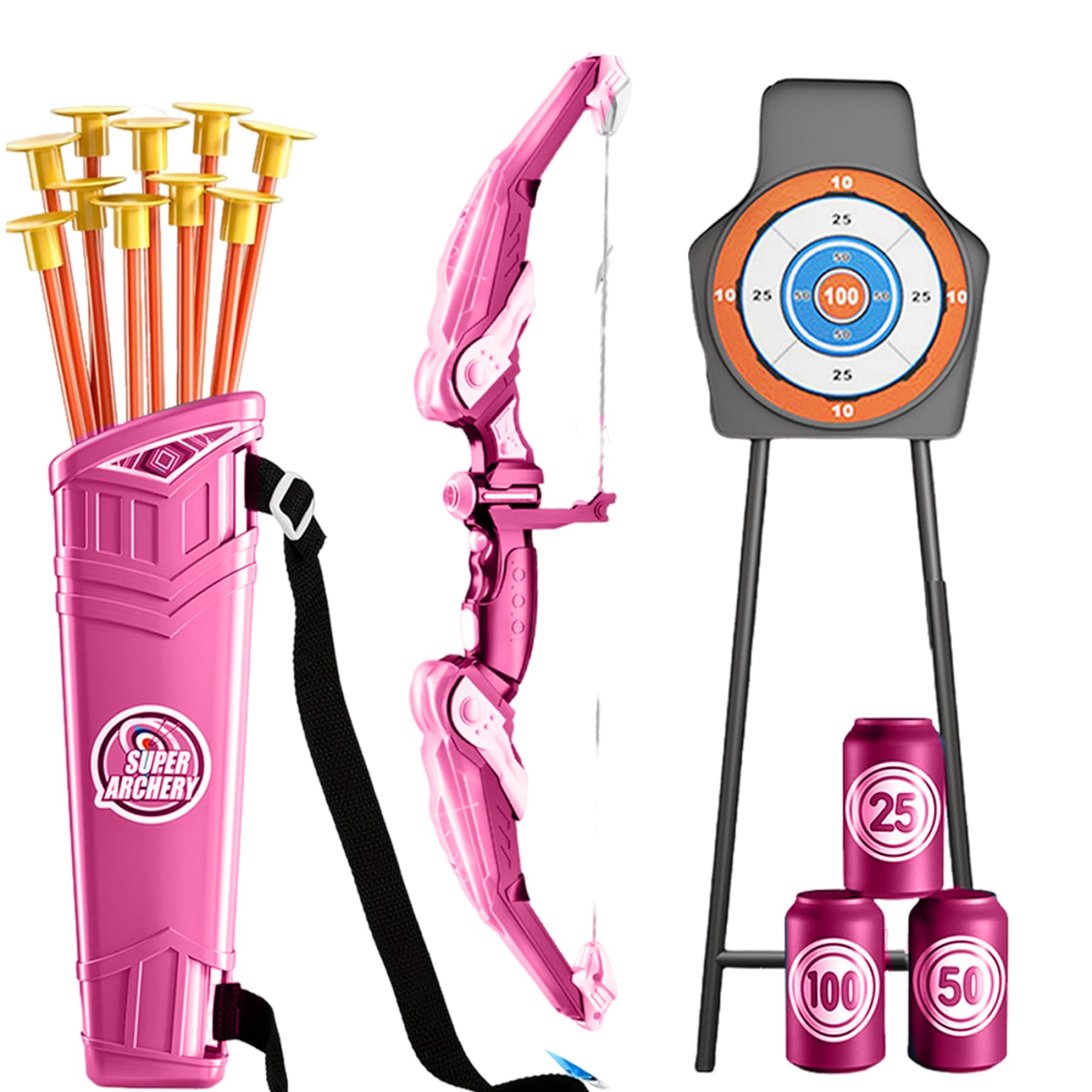 Set Arco e frecce per bambini Set di tiro con l'arco per bambini in plastica LED Include e frecce, custodia, bersagli bottiglie Giocattoli educativi facili da usare per 4 anni Rosa