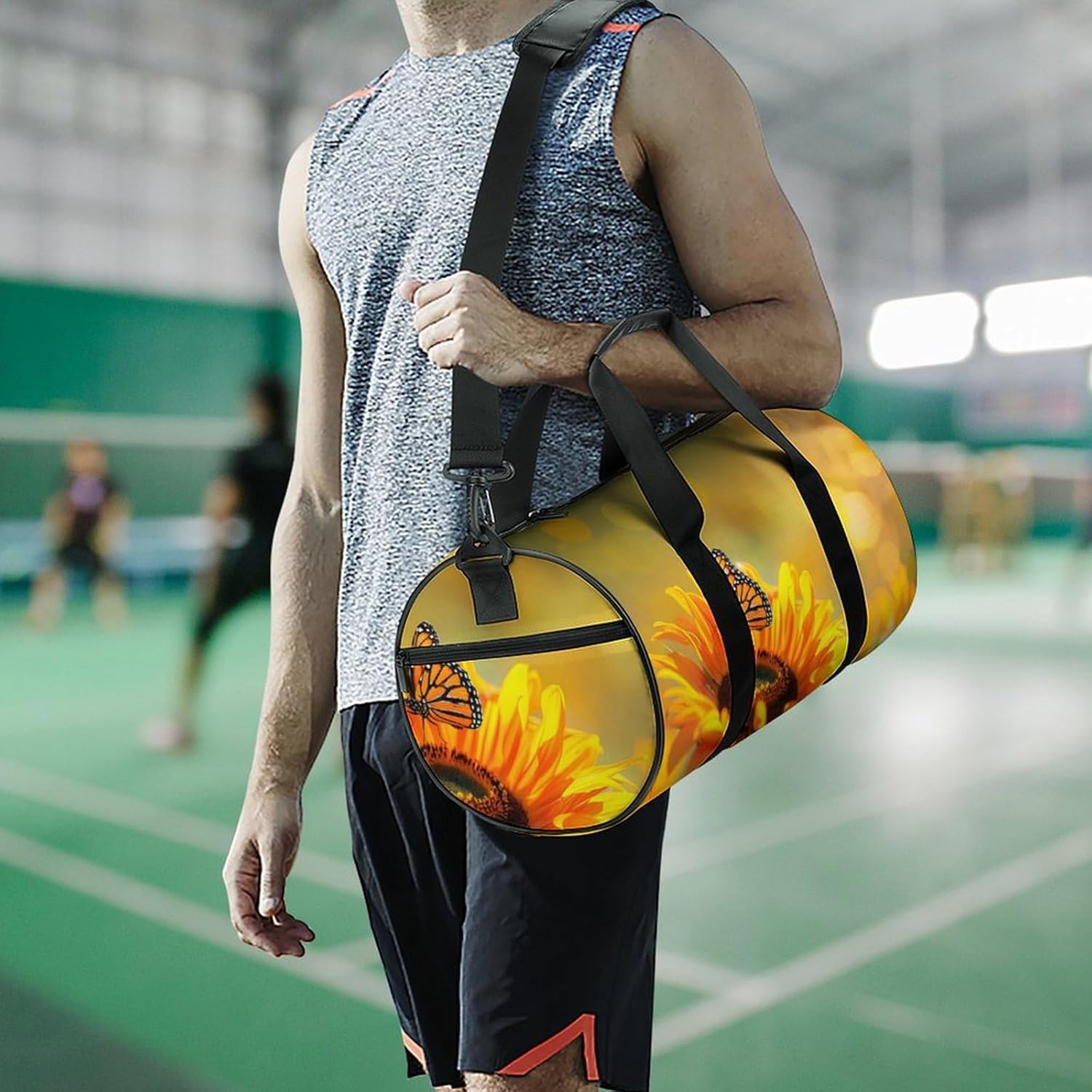 Beautiful Sunflower with Monarch Butterfly Gym Sport Bag Travel Duffle Backpack Weekender Overnight with Shoes Compartment for Women Men