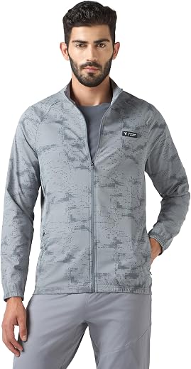 TECHNOSPORT Men's Slim Fit All Over Print Stretchable High Neck Jacket With UPF50+, Quick Dry for Sports, Gym &amp; Regular Use