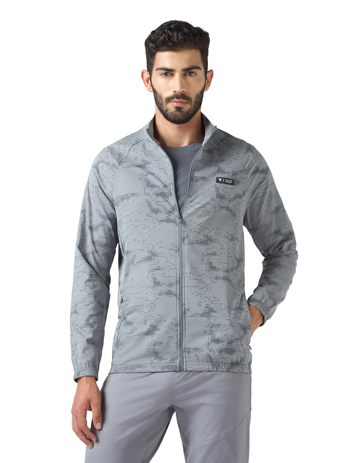 TECHNOSPORT Men's Slim Fit All Over Print Stretchable High Neck Jacket With UPF50+, Quick Dry for Sports, Gym & Regular Use