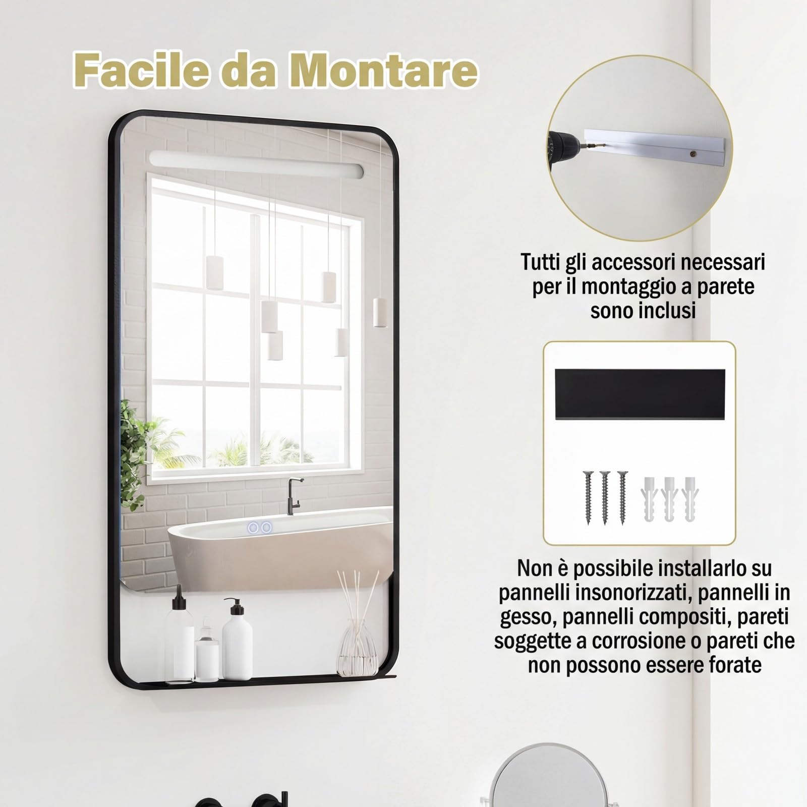 COSTWAY Specchio da Bagno LED 80 x 60 cm con Mensola, Specchio da Trucco con Cornice in Alluminio, Funzione Antiappannamento, 3 Colori di Luce e Luminosità Regolabile, Specchio da Parete