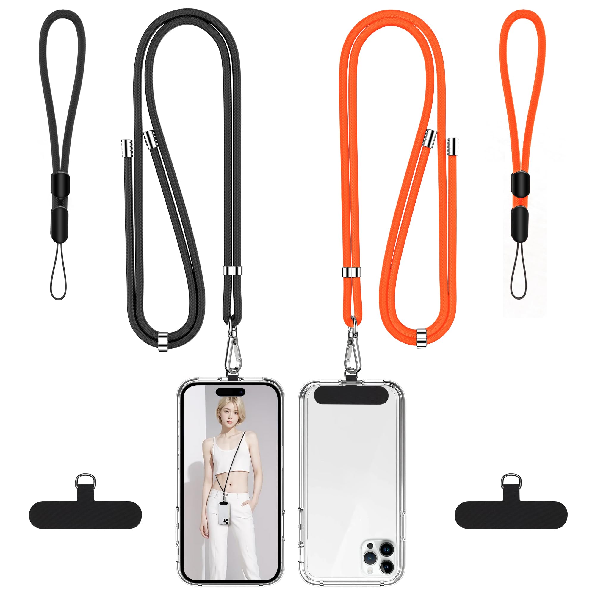 takyu Phone Lanyard, 2 Pack Adjustable CellPhone Lanyard Crossbody Neck Strap &amp; 2 Pack Wrist Strap &amp; Nylon Tether Tabs Compatible for iPhone Android Smartphones Orange Black