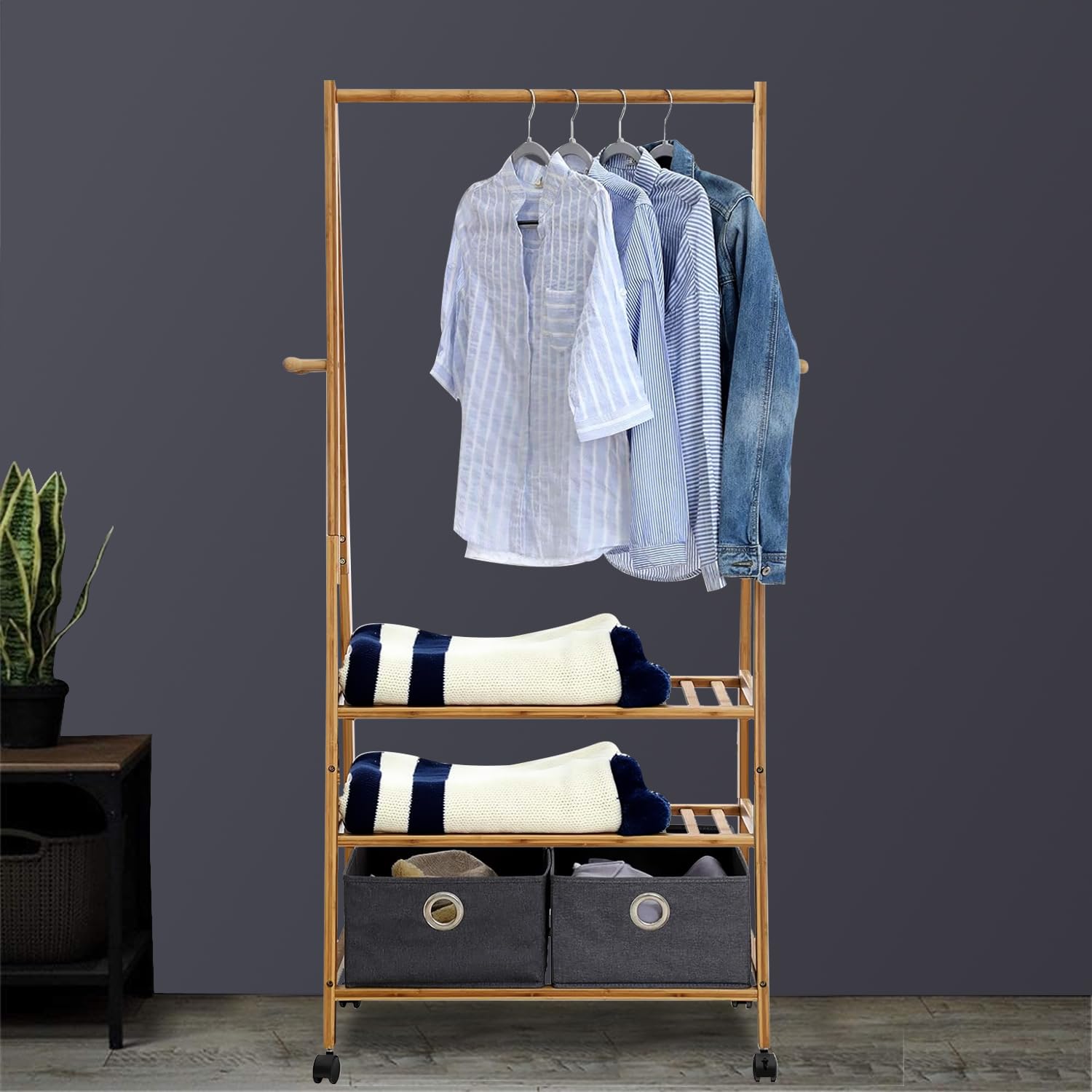 Naayaab Craft Rolling Bamboo Garment Rack, Clothes Hanging Rail With 2 Shelves And 4 Hooks, For Hanger, Shoes, Hats And Scarves, 2 Tiers Clothing Stand-Size (73 X 45 X 160 Cm), 10 X 10 X 10 CM (B096MMMZ7R) Amazon Price History, Amazon Price Tracker