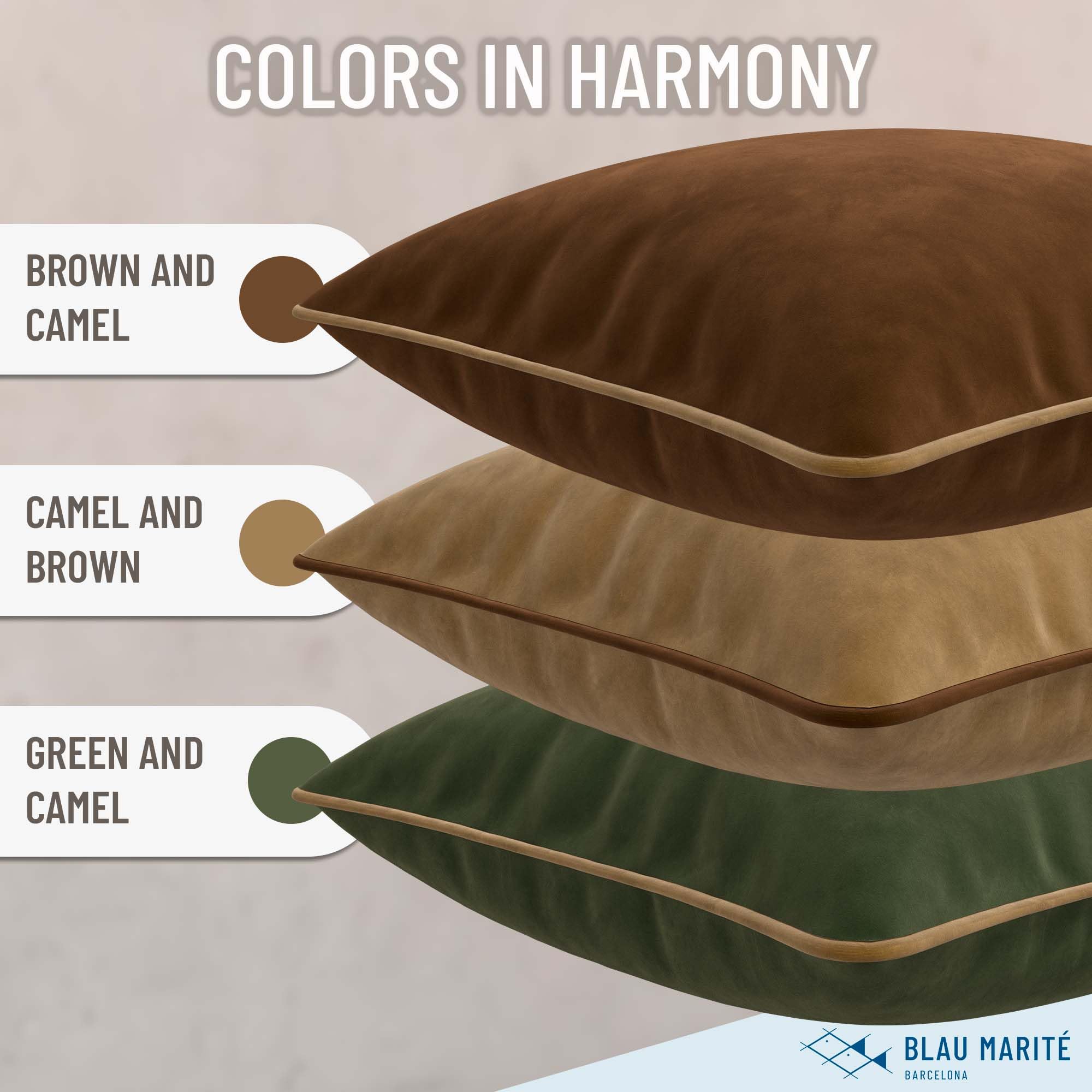 Blau Marité Set of 2 Velvet Throw Pillow Covers with Contrast Piping, Soft Decorative Cushion Covers, Green and Camel - Image 4