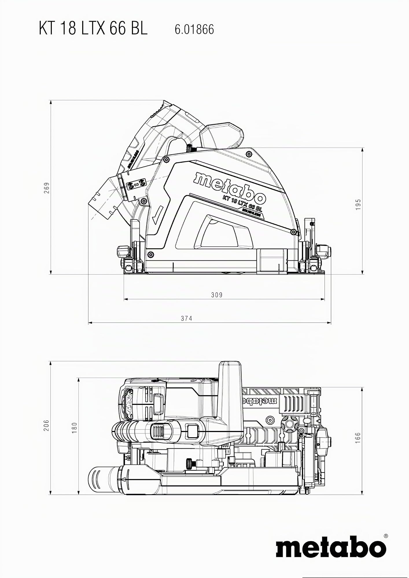 Metabo Akku-Tauchkreissäge KT 18 LTX 66 BL – 601866810 – 18 V – Mit Brushless-Motor für präzise Sägeschnitte bis 66 mm Tiefe – Inkl. Ladegerät ASC 145 und 2 x 8Ah Akkupack