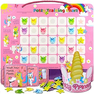 Unicorn Potty Training Chart & 35 Magnetic Stickers - Potty Chart, Potty Training Sticker Chart, Potty Training Chart for Toddlers Girls, Potty Training Stickers, Potty Chart for Boys with Stickers