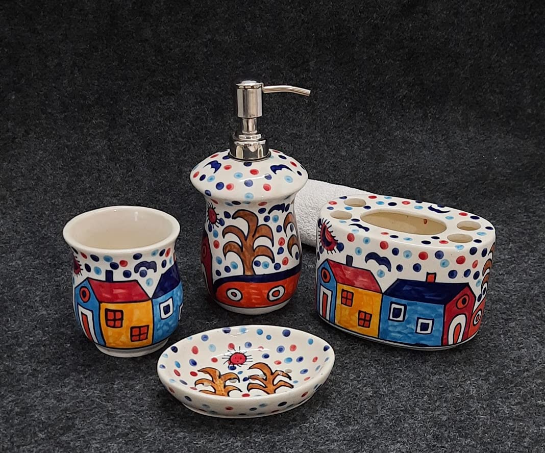 Kaolinite Ceramic Bathroom Accessories Set for Utility and Bathroom Decor | Liquid Soap Dispenser, soap Tray, Toothbrush Holder Hand Crafted/Haand Painted Natural Hut Design Four Piece Set (B09GVZPC7S) Amazon Price History, Amazon Price Tracker