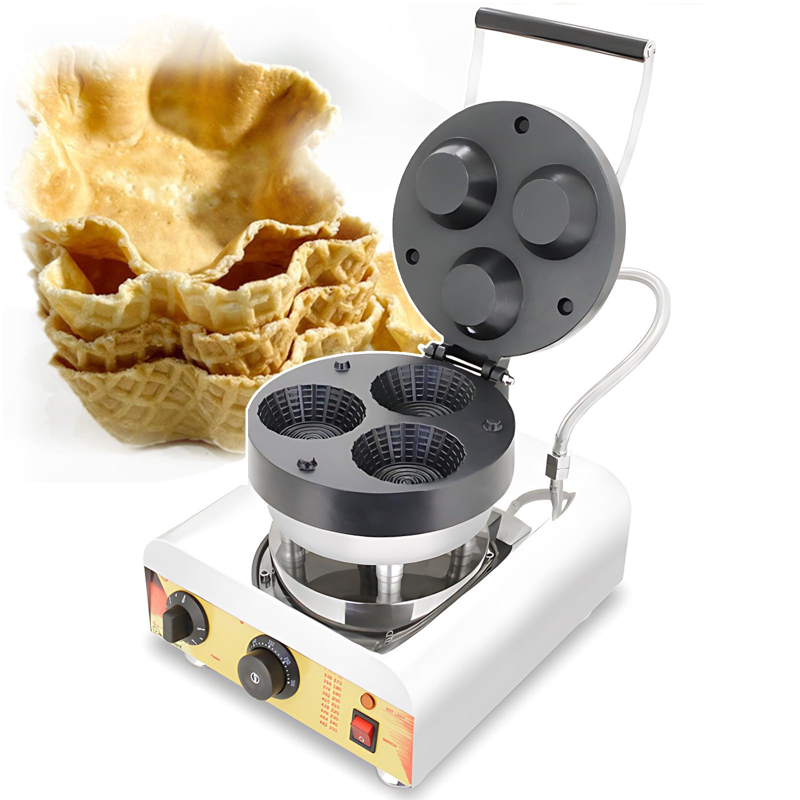 Macchina per waffle e coni gelato elettrica da 1600 W con rivestimento antiaderente in acciaio inox, temperatura e tempo regolabili.