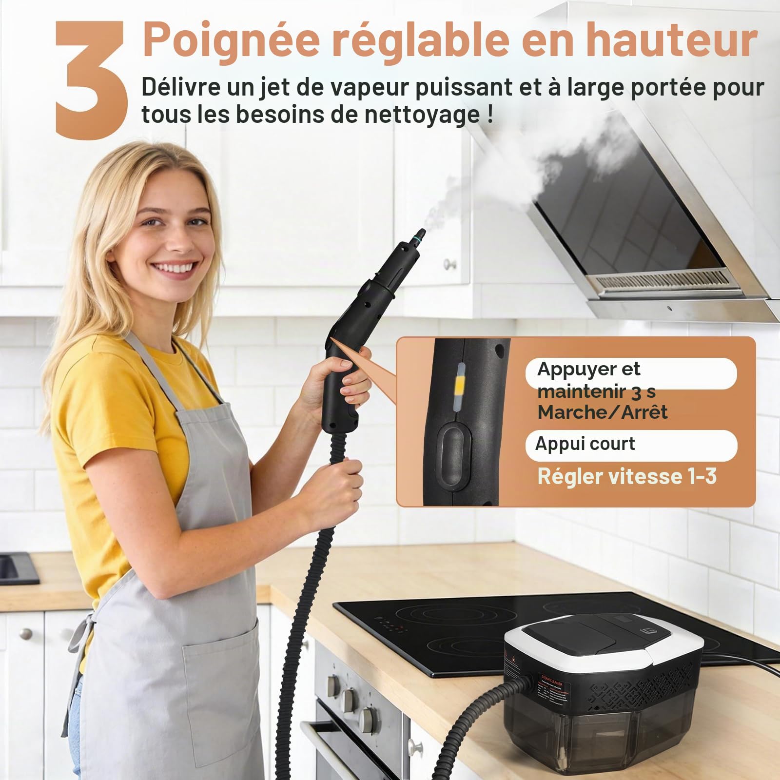 Nettoyeur Vapeur, Nettoyeur à Vapeur Portable 1500W Basse Pression, Chauffage Rapide 15s, Réservoir d’eau 1,8L, 12 Accessoires Inclus,Cuisine & Voiture, Blanc（Appuyez longuement sur 3s pour démarrer）