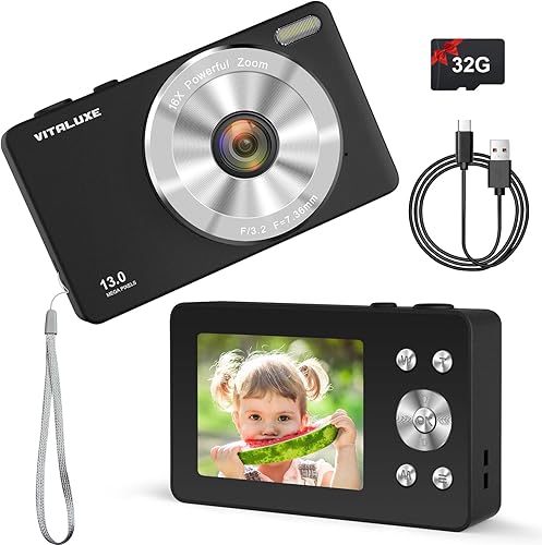 Cámara digital 4K, cámara para niños, cámaras digitales reales de 13 MP para apuntar y disparar con tarjeta SD de 32 GB, zoom de 16X, cámara pequeña