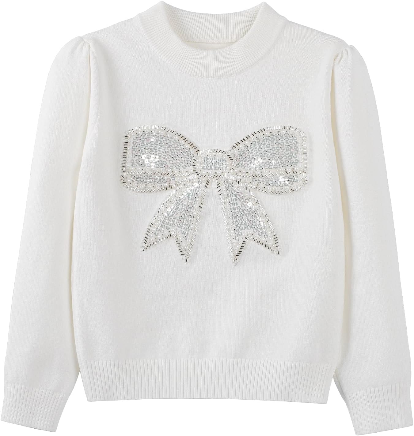 Danny D Young Girl′s Bowknot Sequin Knitted Sweater Crew Neck Long Sleeved Tops for Autumn and Winter