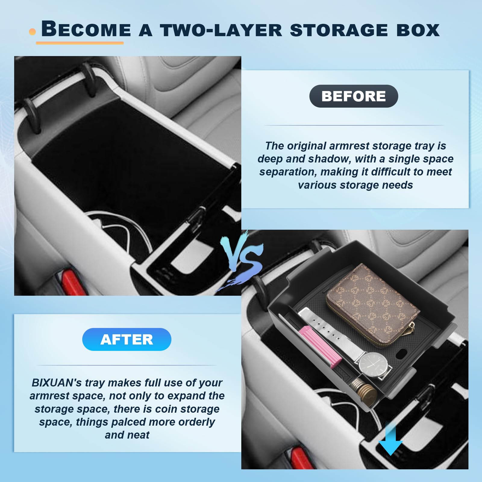 BIXUAN Tucson 2025 Compatible avec Hyundai Tucson NX4 2025 2026 Facelift Console centrale Accoudoir Organisateur Plateau Accoudoir central Boîte à gants Boîte de rangement Accessoires