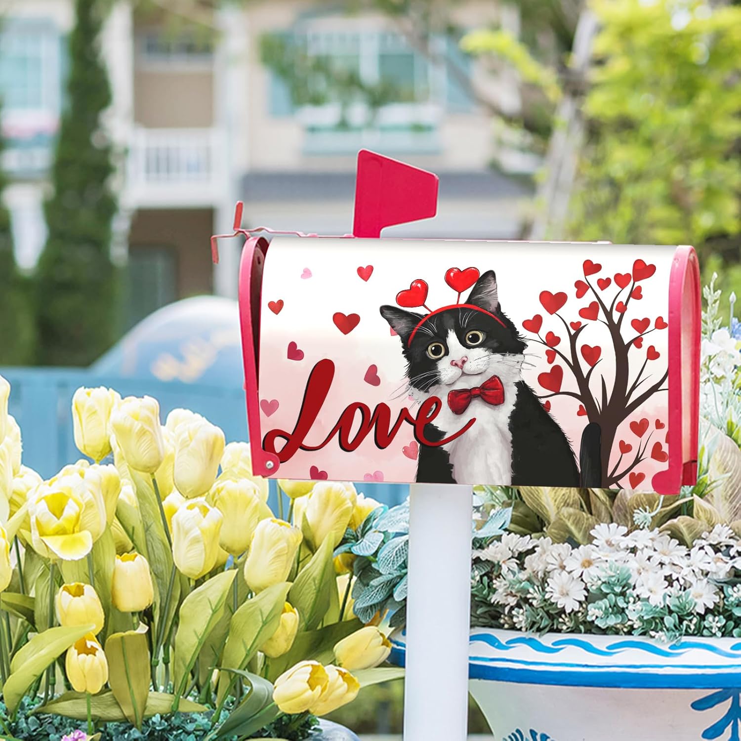 Valentine's Day Mailbox Covers Magnetic Cat and Love Heart Tree Mailbox Cover Standard Size 21" X 25.5" Inch Happy Valentines Day Holiday Wrap Post Letter Box Decorative for Outdoor Home Garden Yard
