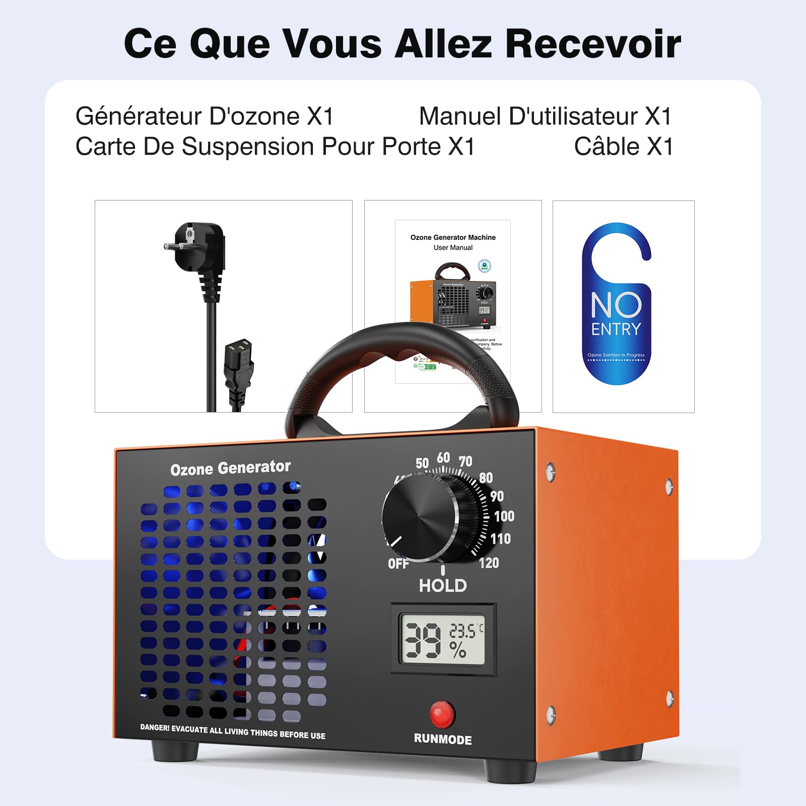 Générateur d'ozone 160 000 mg/g - Purificateur d'air 2 en 1, appareil à ozone avec indicateur de température et d'humidité, minuterie de 120 minutes, ozoniseur industriel O3 pour voiture, appartement