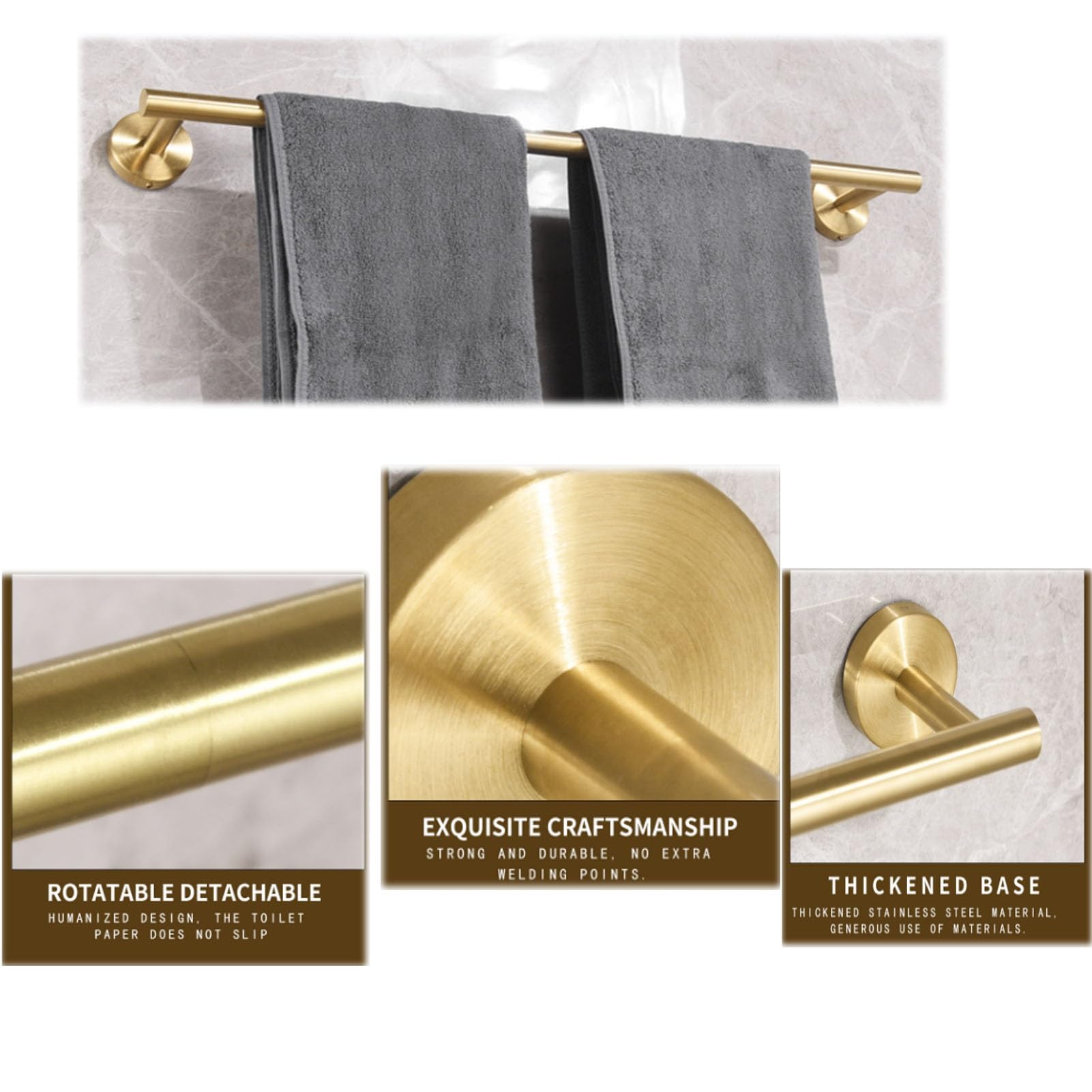 Juego Accesorios Baño Portarrollos Papel Higiénico Negro | Anillo para Toalla Herrajes Acabado Dorado Cepillado,Soporte para Toalla Mano Ganchos Batas Montaje Pared(Silver)