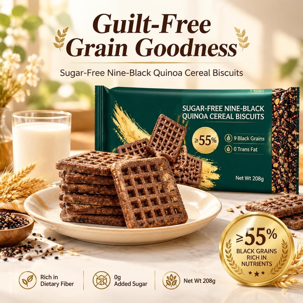 Galletas de Cereales y Quinoa, Snack Crujiente, 9 Ingredientes, 208g