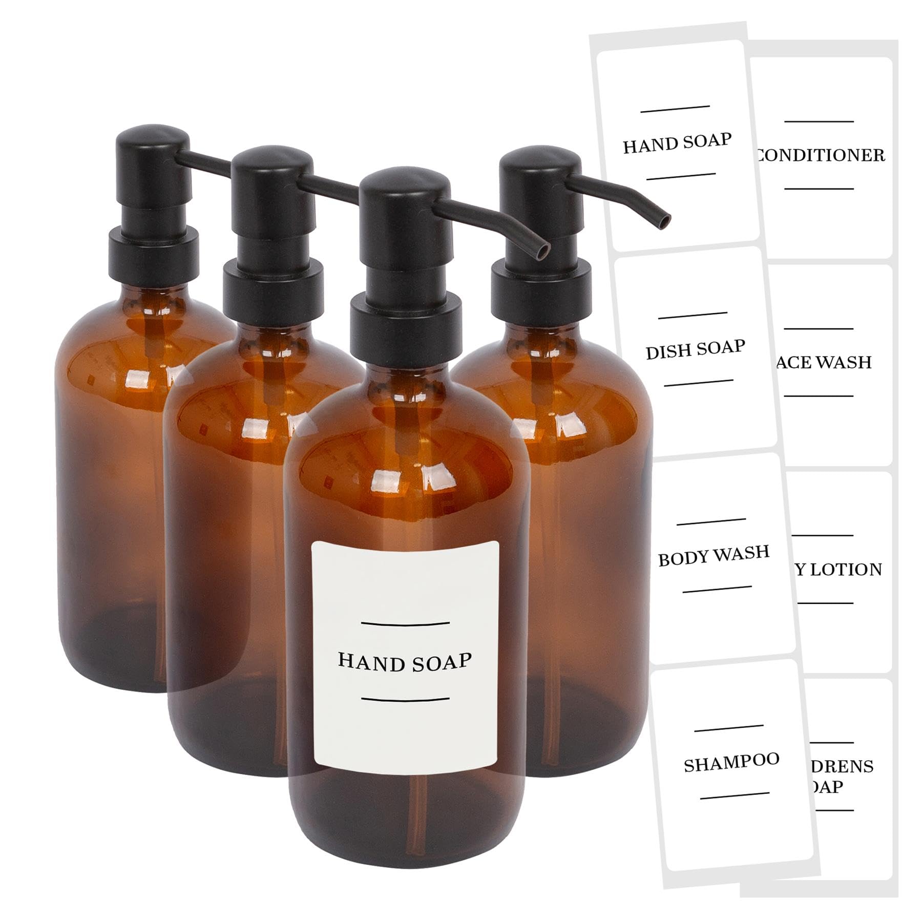 Harbour Housewares Glass Soap Dispensers with Labels Pack of 4-500ml Amber Refillable Bottles with Black Pumps and White Labels - Bathroom and Kitchen Accessories for Hand Wash, Lotion or Sanitiser