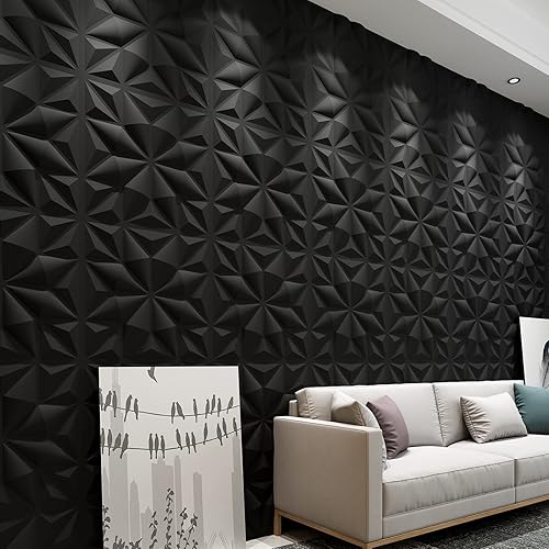 Miniatura 2 de Art3d Paneles de pared 3D con textura para decoración de pared interior, paneles de pared decorativos de PVC de diamante negro, paquete de 12