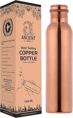 Botella de agua de cobre puro sin juntas con beneficio ayurvédico 100% puro y a prueba de fugas, capacidad de 33.84 onzas líquidas de EE. UU