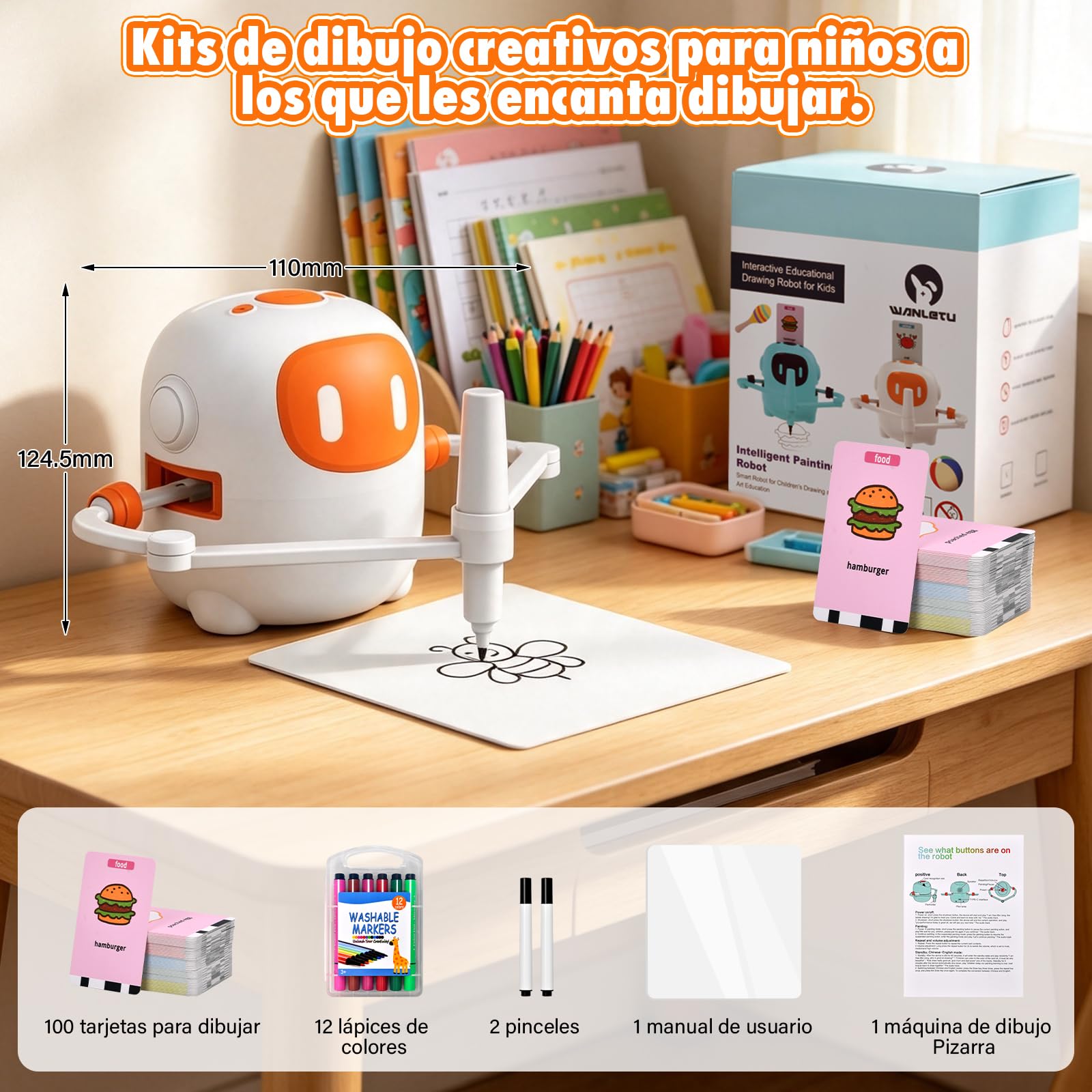Robot de Dibujo Infantil con 100 Tarjetas y 12 Rotuladores, Juguete con Interacción por Voz Que Fomenta Concentración y Paciencia, Regalo Ideal para Niños Mayores de 3 Años, Blanco
