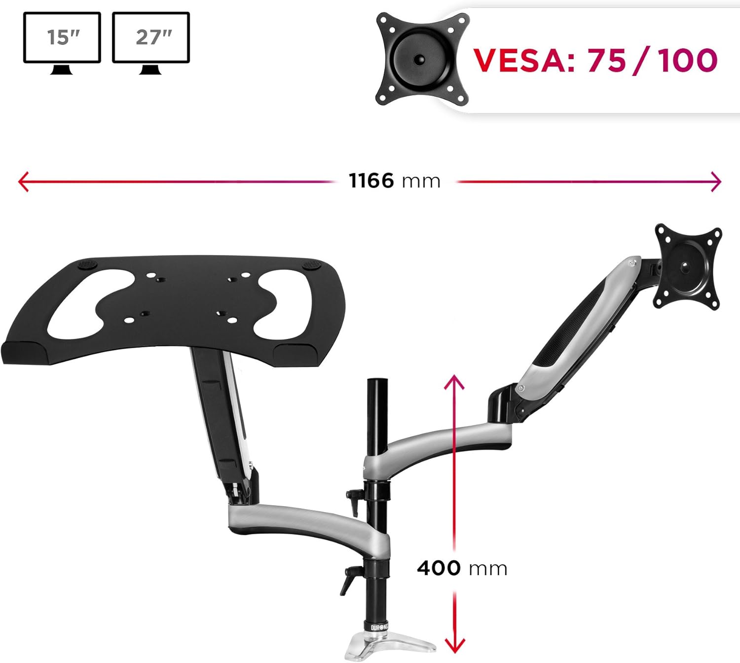 Duronic Desk Mount DM65L1X1 | Dual Gas-Powered Monitor Stand for 15-27 Inch LCD Screen and Laptop | Twin Arms | Adjustable Support | VESA 75/100 Bracket | Tilt 15-27-90°/+85°,Swivel 180°,Rotate 360°