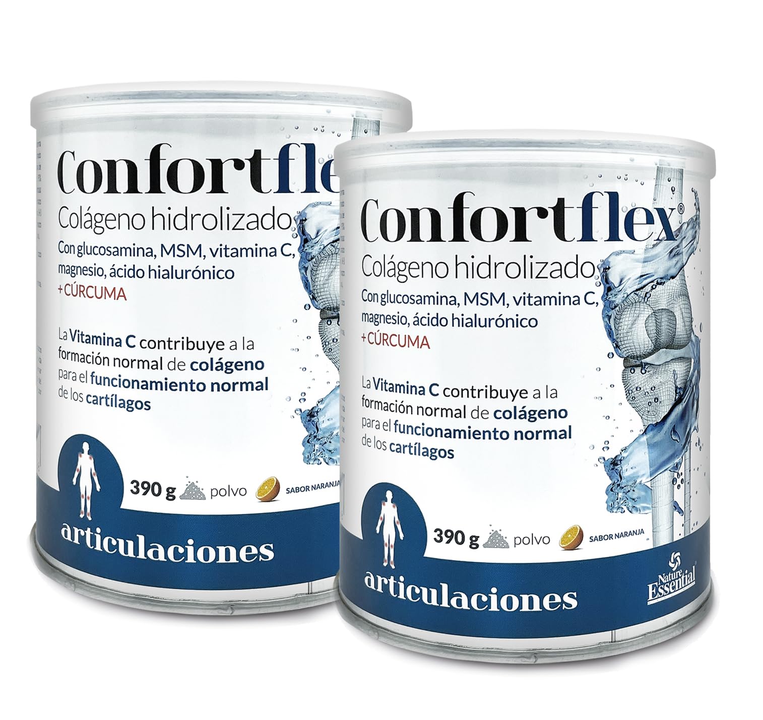 Nature Essential | Colágeno en Polvo Hidrolizado | Pack 2 unidades | 390 g | Cazo dosificador en el interior | Cúrcuma y L-carnitina | Contribuye a las Articulaciones y Huesos | Confortflex