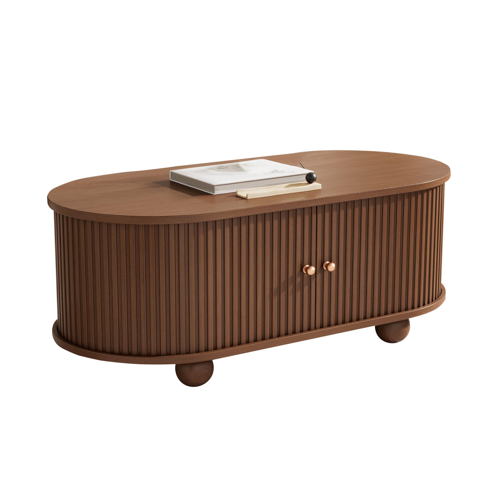 ModernLuxe Ovaler Couchtisch mit Stauraum und Schiebetüren, Wohnzimmertisch in Nussbaum, Sofatisch mit Ablagefach, Beistelltisch MDF mit Rillentüren, Moderner Kaffeetisch für Wohnzimmer