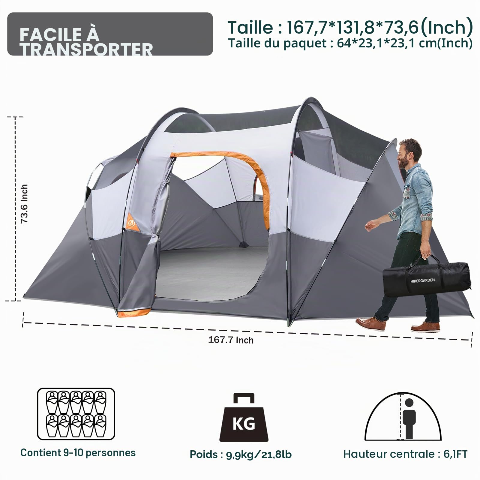 HIKERGARDEN Tente de Camping pour 6-8 Personnes – Tente familiale Portable Facile à Installer pour Le Camping, Tente dôme en Tissu Coupe- 420 x 330 x 180 cm