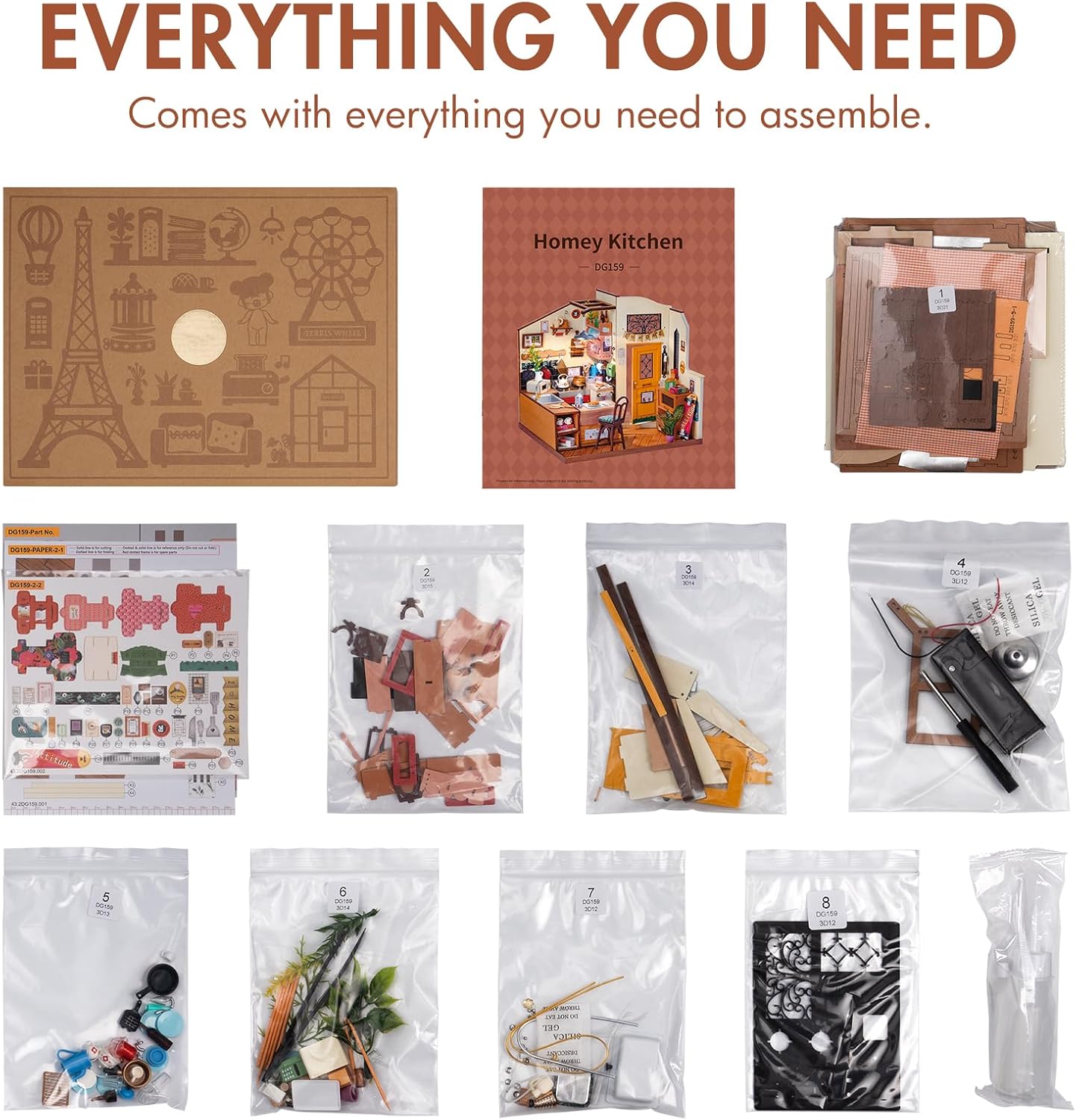 Contents of the ROBOTIME Cozy Kitchen Kit, showing various bags of parts and the instruction manual.